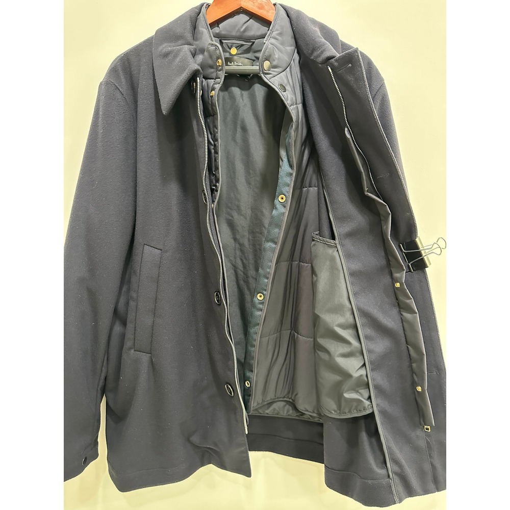 Paul Smith London Navy Wool Cashmere Coat Mens XXL Italy Quilted Liner Peacoat